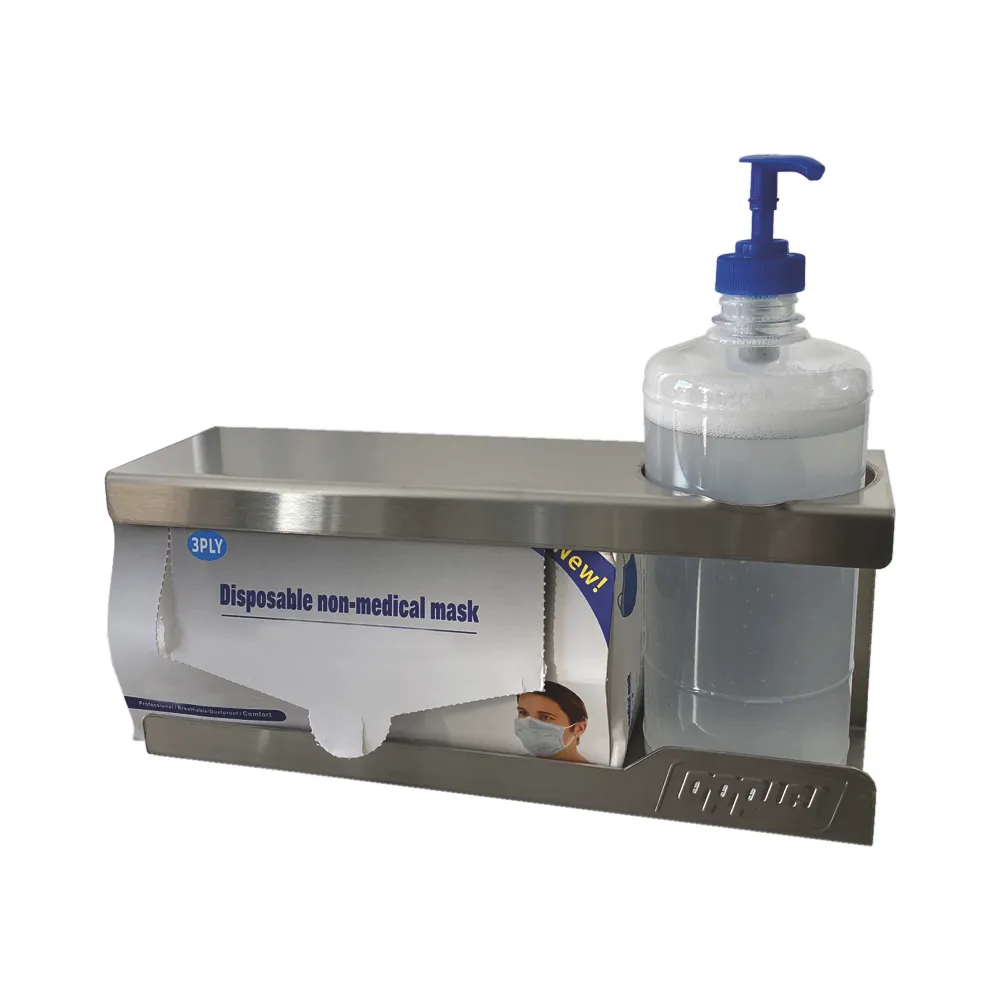 SOPORTE AL MURO ALCOHOL GEL 1/2 LT Y CAJA DE GUANTES O MASCARILLAS ACERO INOXIDABLE