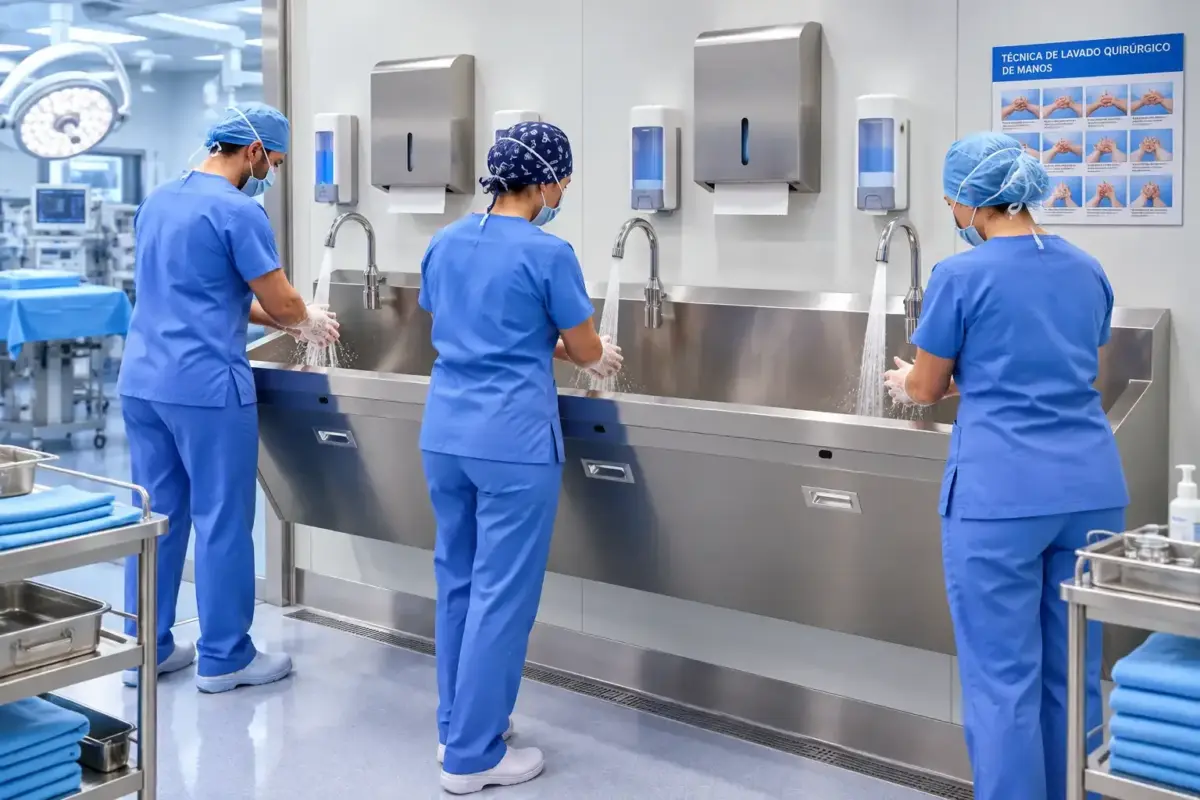LAVAMANOS QUIRURGICO ESPECIAL CON SENSOR AL CUERPO - TRES ESTACIONES